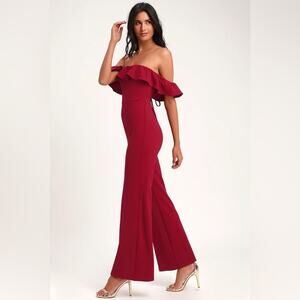 LULUS All I Want Wine Lace Up Off the Shoulder Jumpsuit Size Small NWT